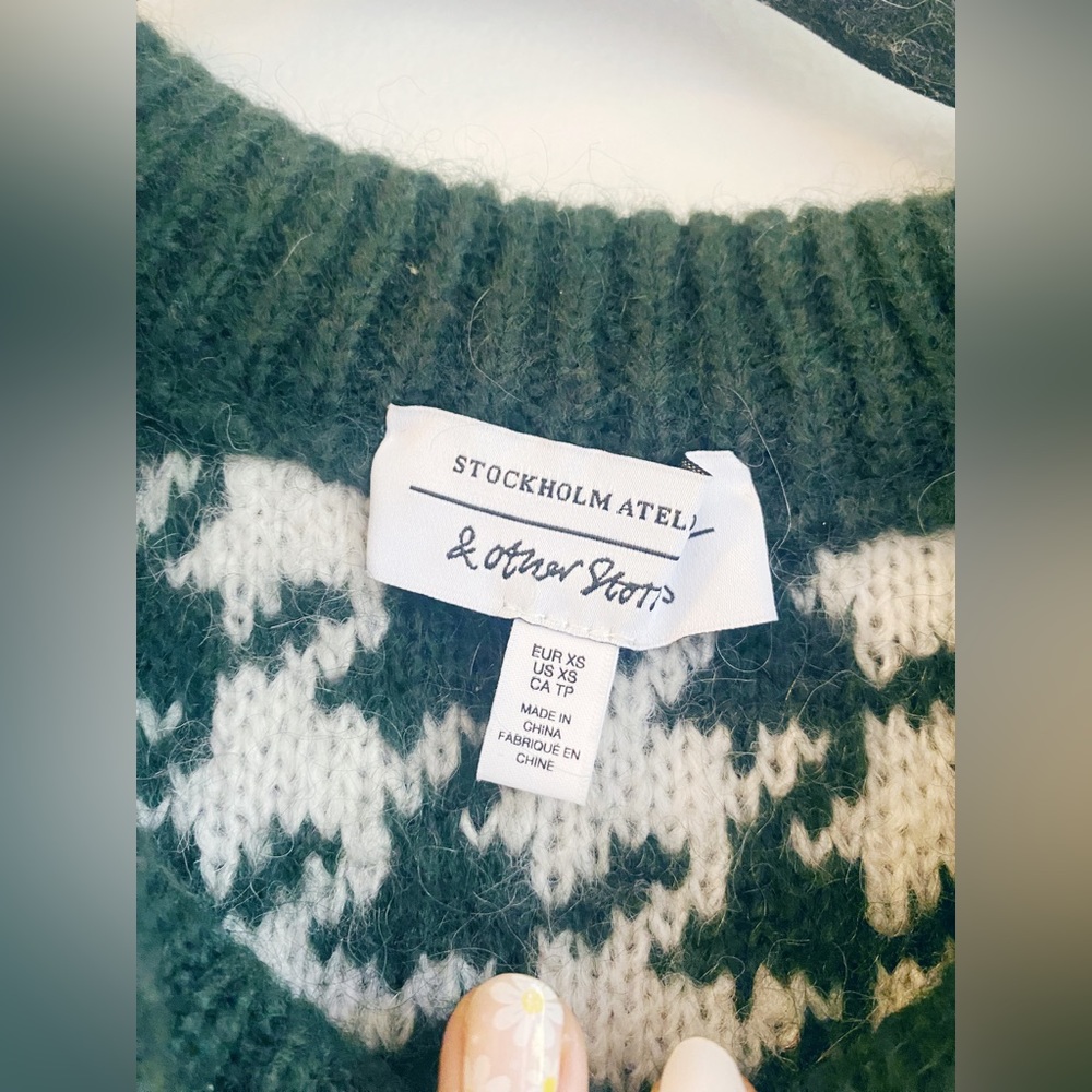 & other stories green and white houndstooth cropped fuzzy warm sweater Xs small - Picture 9 of 11